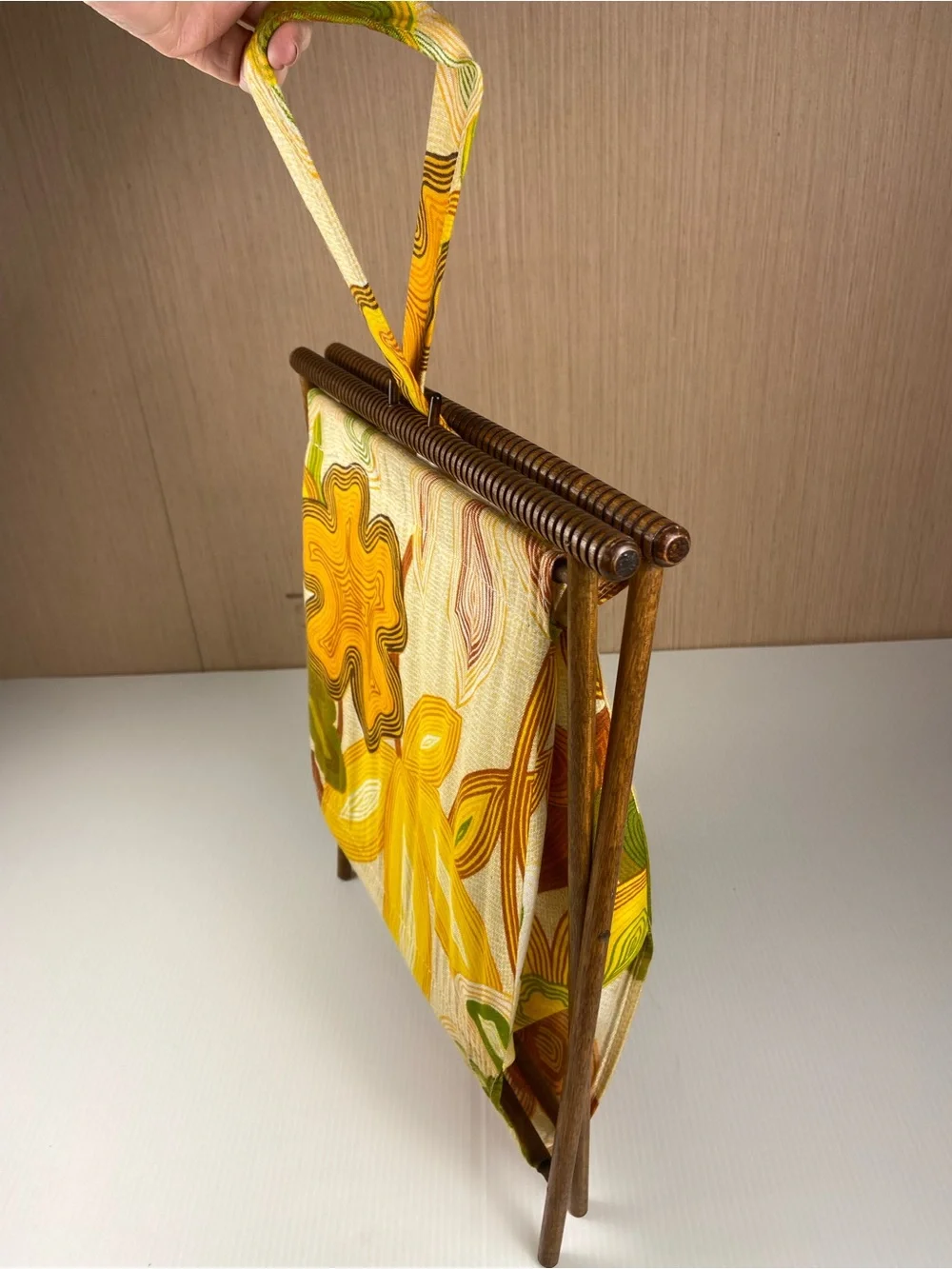 Vintage MCM Folding Magazine Rack Knitting Sewing Basket Mod Floral Wood Stand